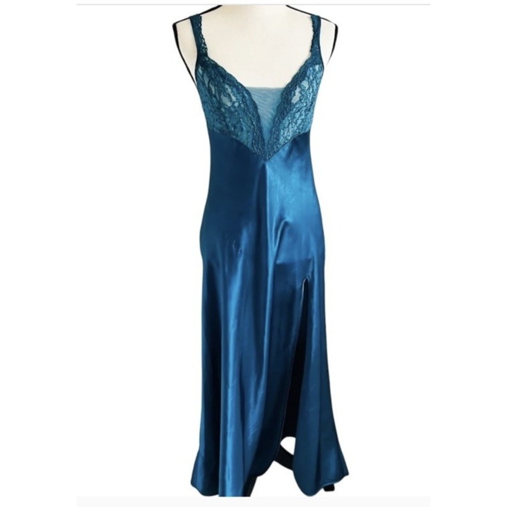 Gold Label Victoria Secret Teal Satin Lace Nightgown M Lingerie Elegant Vintage